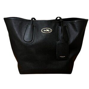 Coach Gallery Tote Black Leather Gold Logo Plate‎ Large Bag EUC RARE